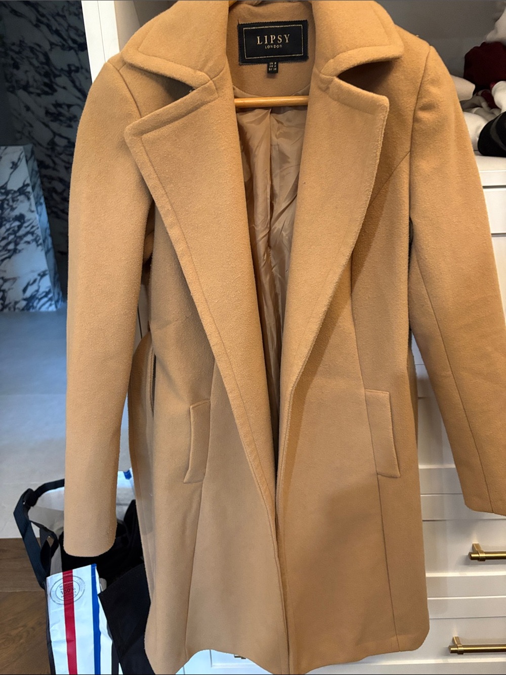 Lipsy Camel Single-Breasted Wool-Blend Trench Coat 3/4 length. UK8